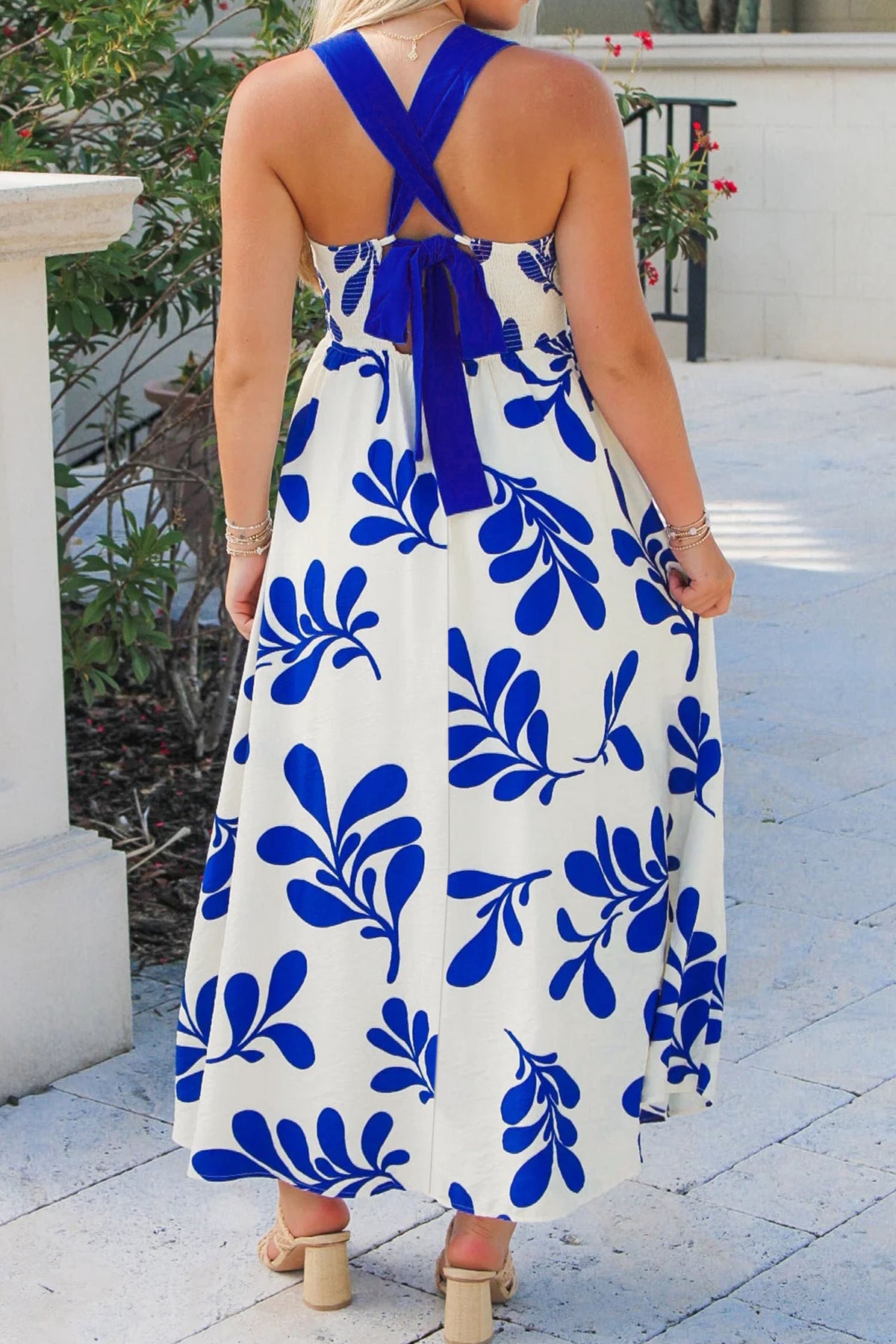 Blue Floral Print Crisscross Tie Back Sleeveless Long Dress