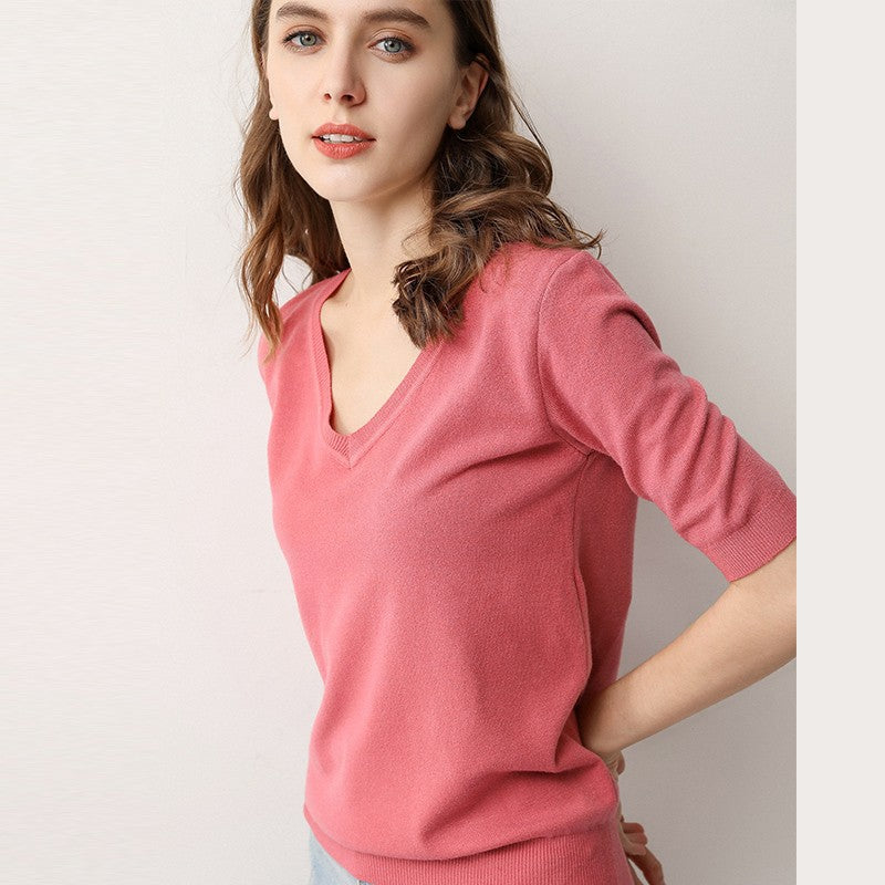 V-Neck Short Sleeve Knit Top for Women (Spring/Summer)