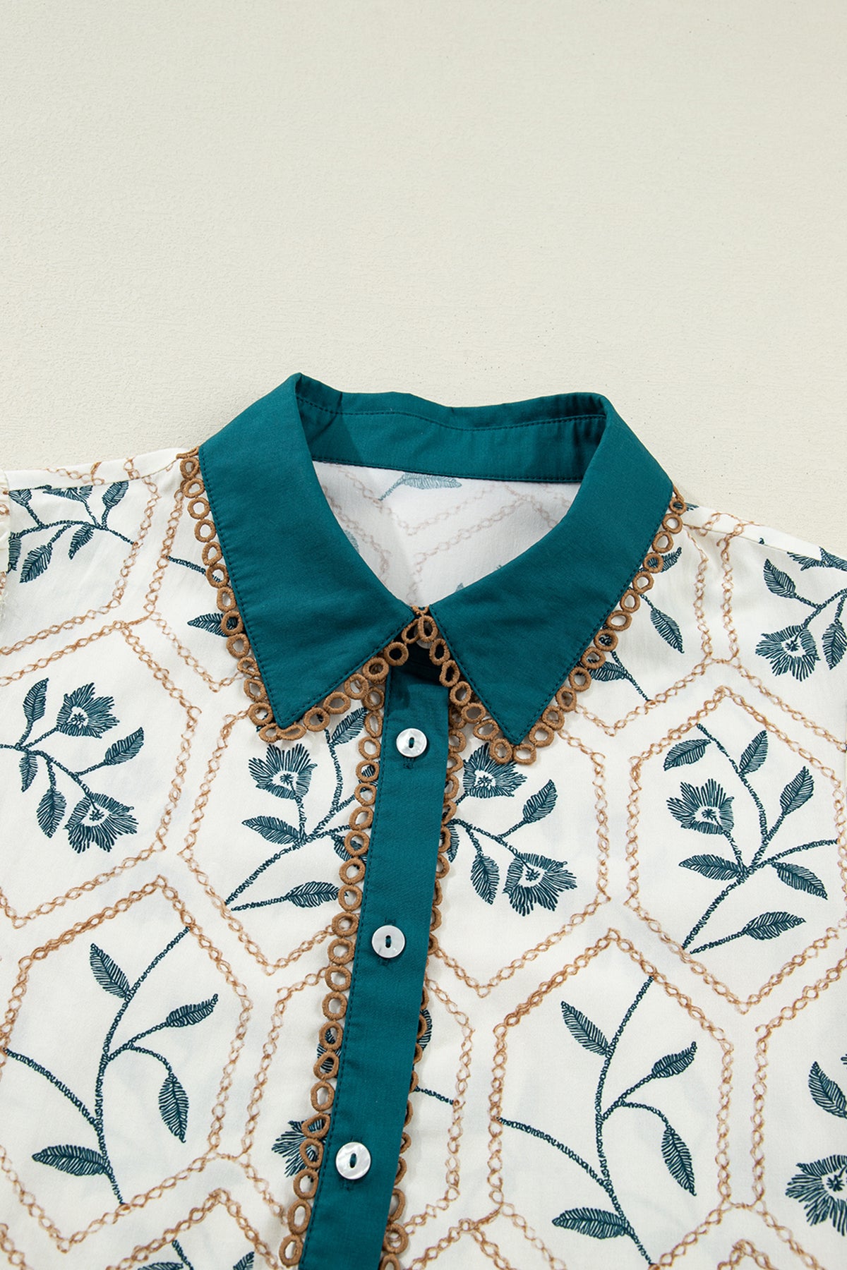 Blue Geometric Floral Print Lace Trim Collared Short Sleeve Mini Dress
