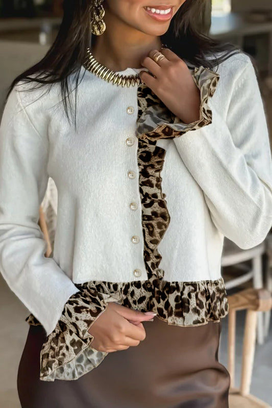 White Knitted Leopard Ruffle Patchwork Button Down Cropped Cardigan