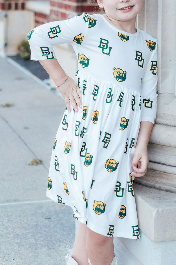 Baylor White Bear 3/4 Sleeve Pocket Twirl Dress
