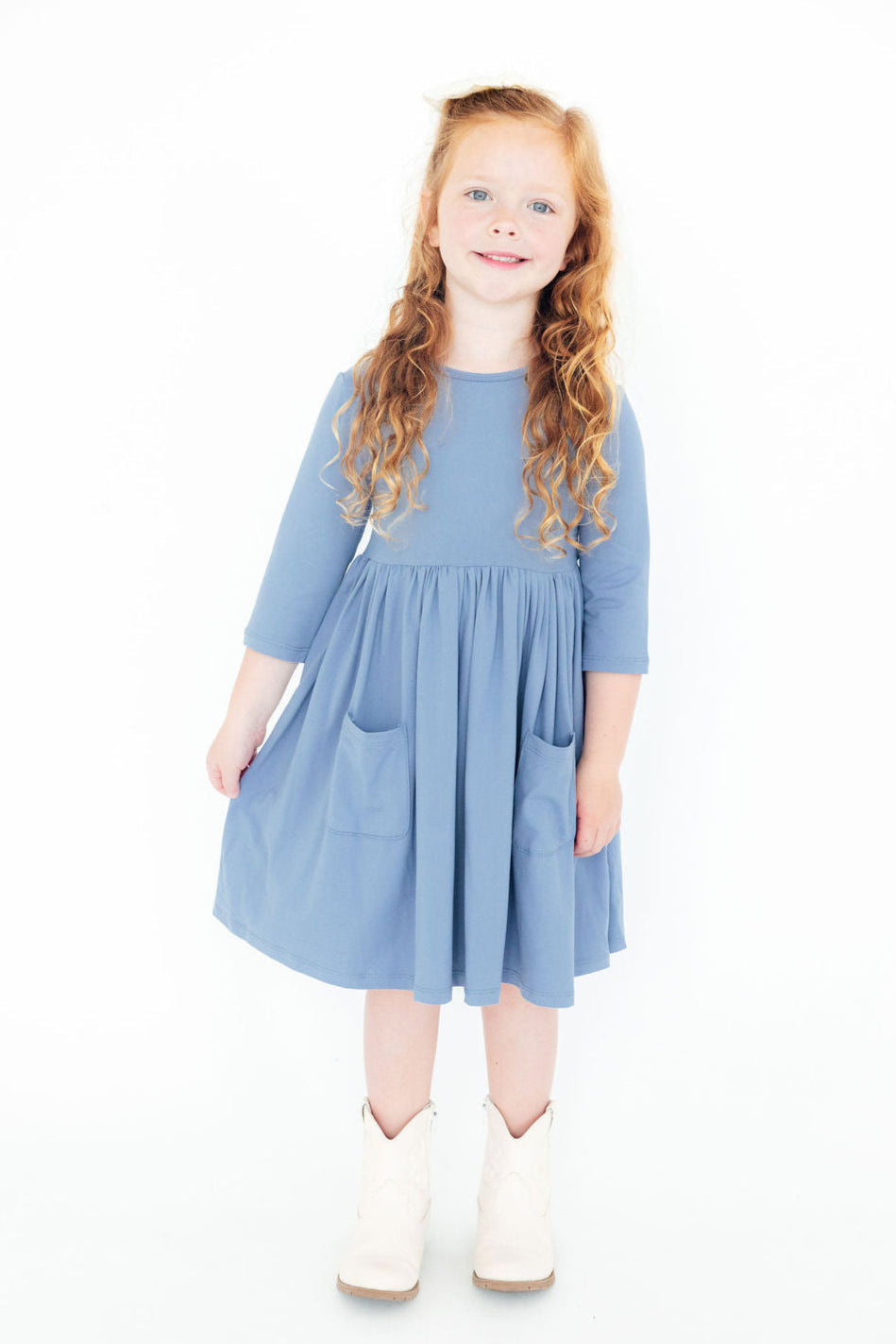 Dusty Blue 3/4 Sleeve Pocket Twirl Dress