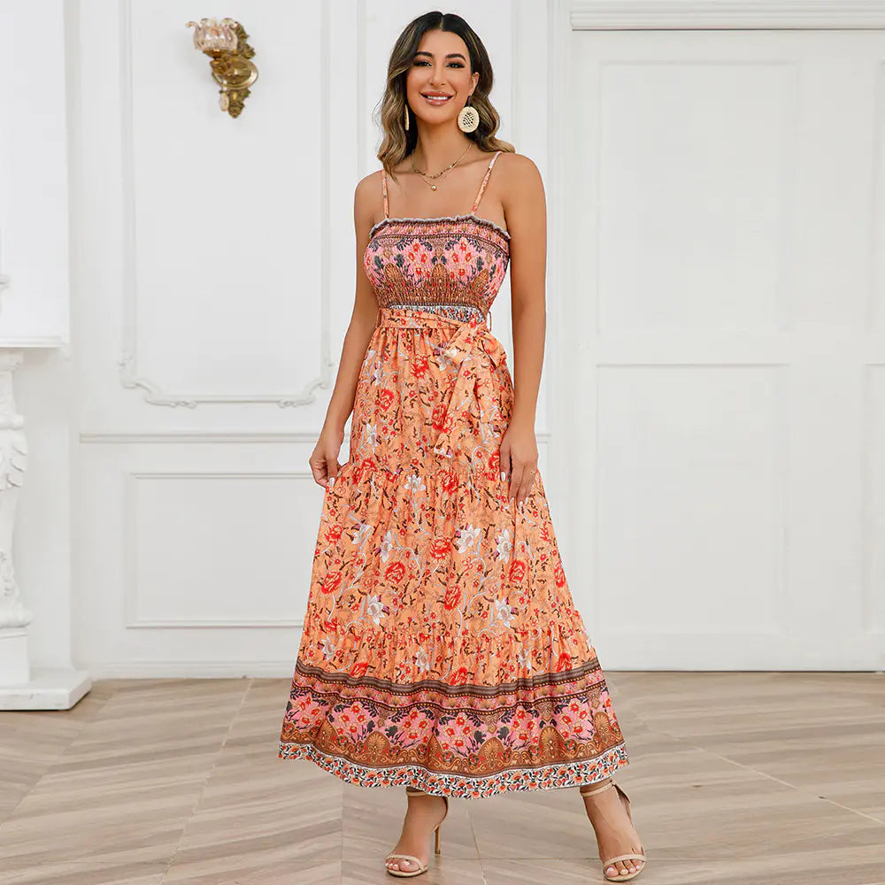 Summer Vintage Floral Backless Maxi Dress