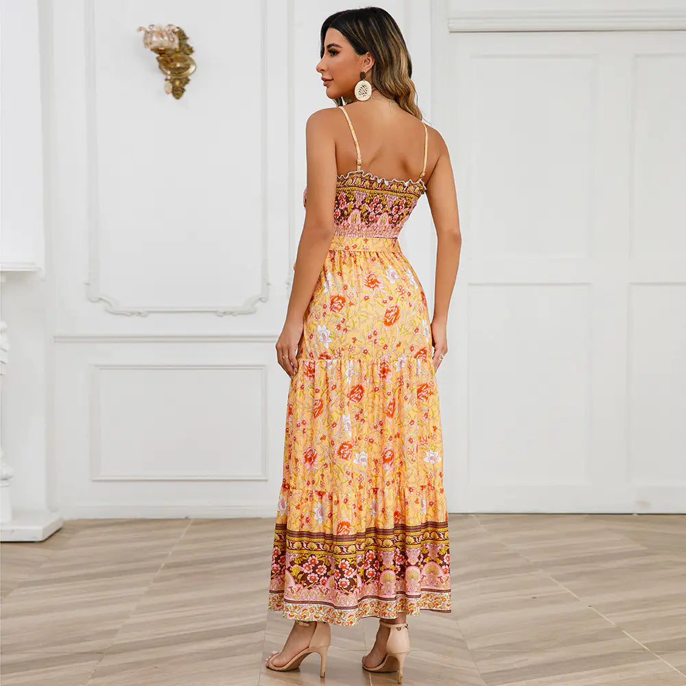Summer Vintage Floral Backless Maxi Dress