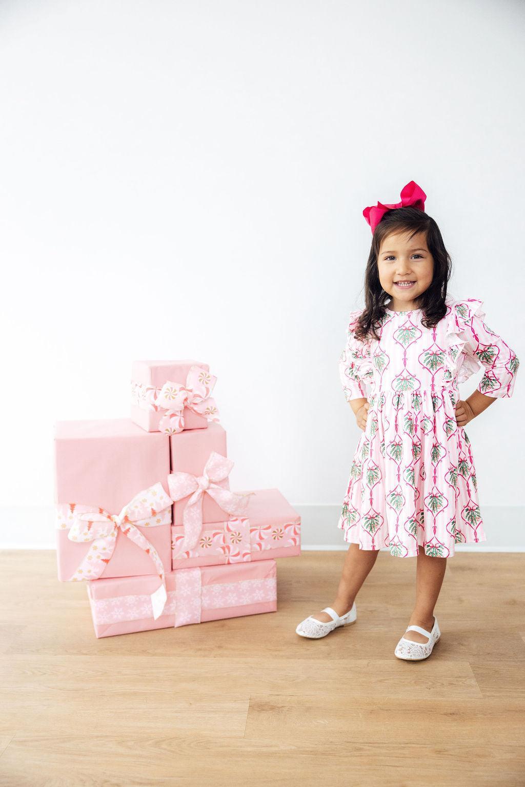 Merry Mistletoe 3/4 Sleeve Ruffle Twirl Dress
