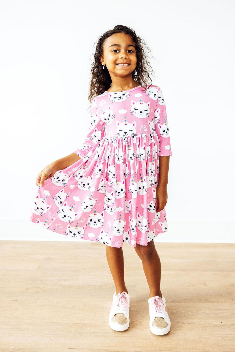 Unicorn Kitties 3/4 Sleeve Pocket Twirl Dress