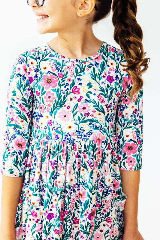 Vivid Garden 3/4 Sleeve Pocket Twirl Dress