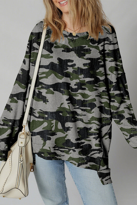 Green Retro Camouflage Print Exposed Seam Patchwork Drop Shoulder Sweatshirt