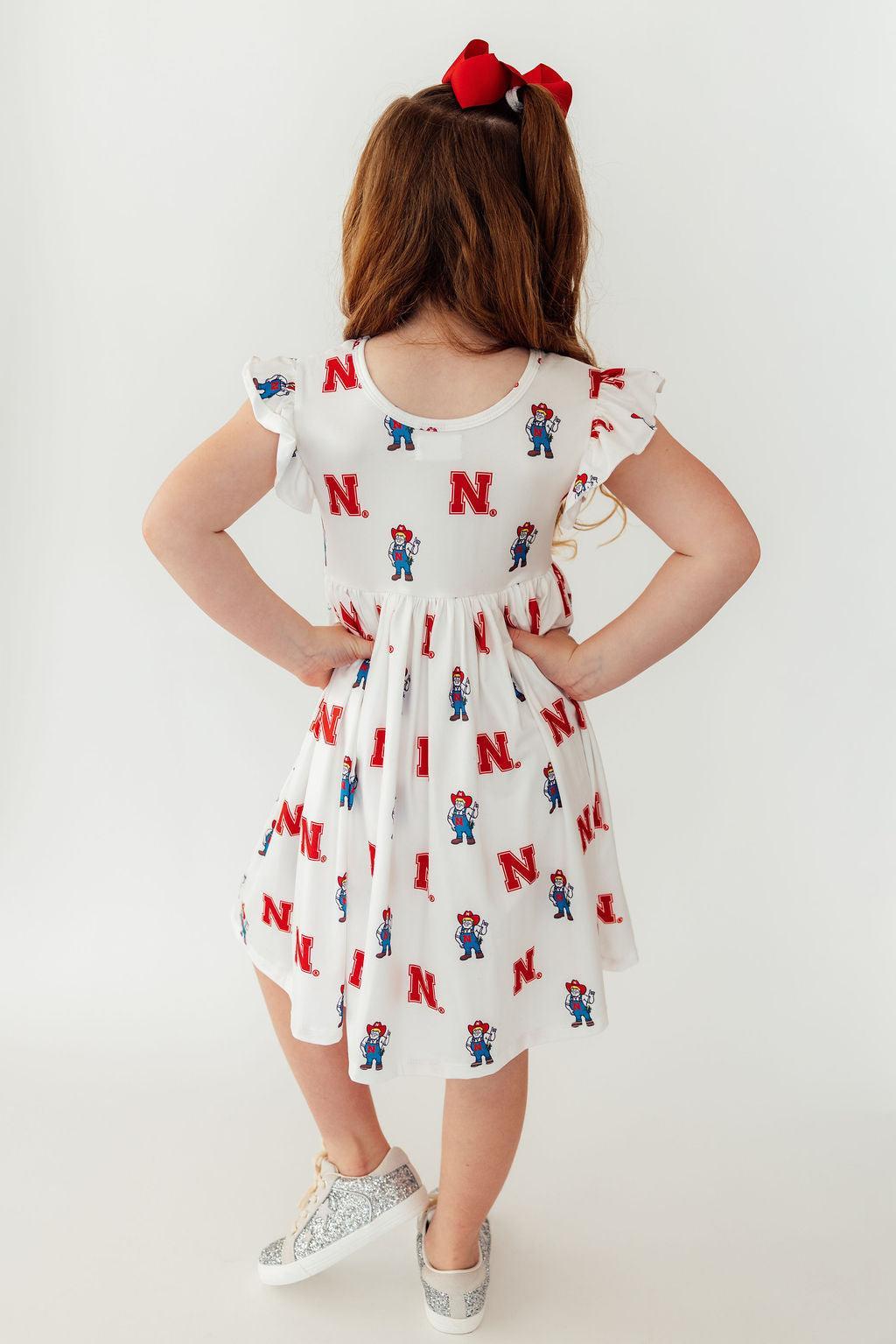 Nebraska White Herbie Husker Flutter Twirl Dress
