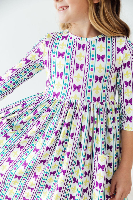 Mardi Gras 3/4 Sleeve Pocket Twirl Dress