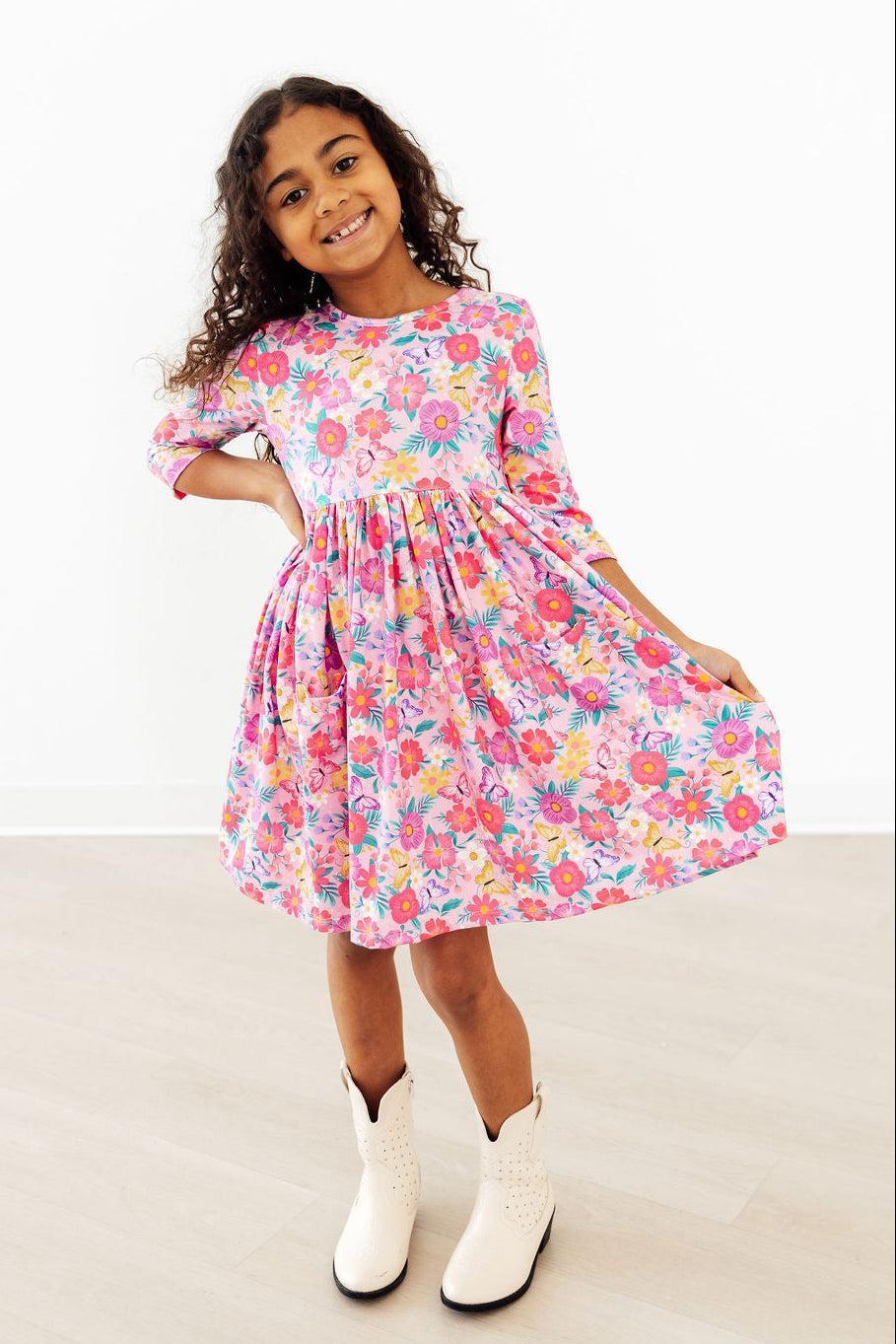 Fluttering Garden 3/4 Sleeve Pocket Twirl Dress